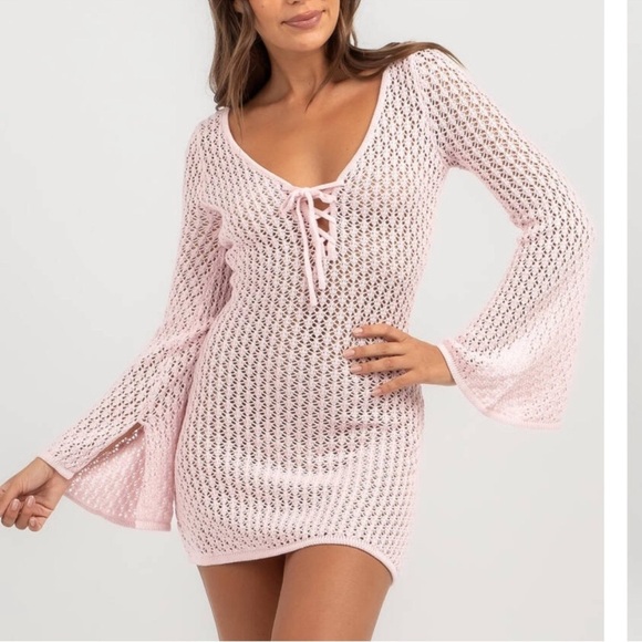 City Beach Australia Dresses & Skirts - Light Pink Long Sleeve Crochet Mini Dress size 6